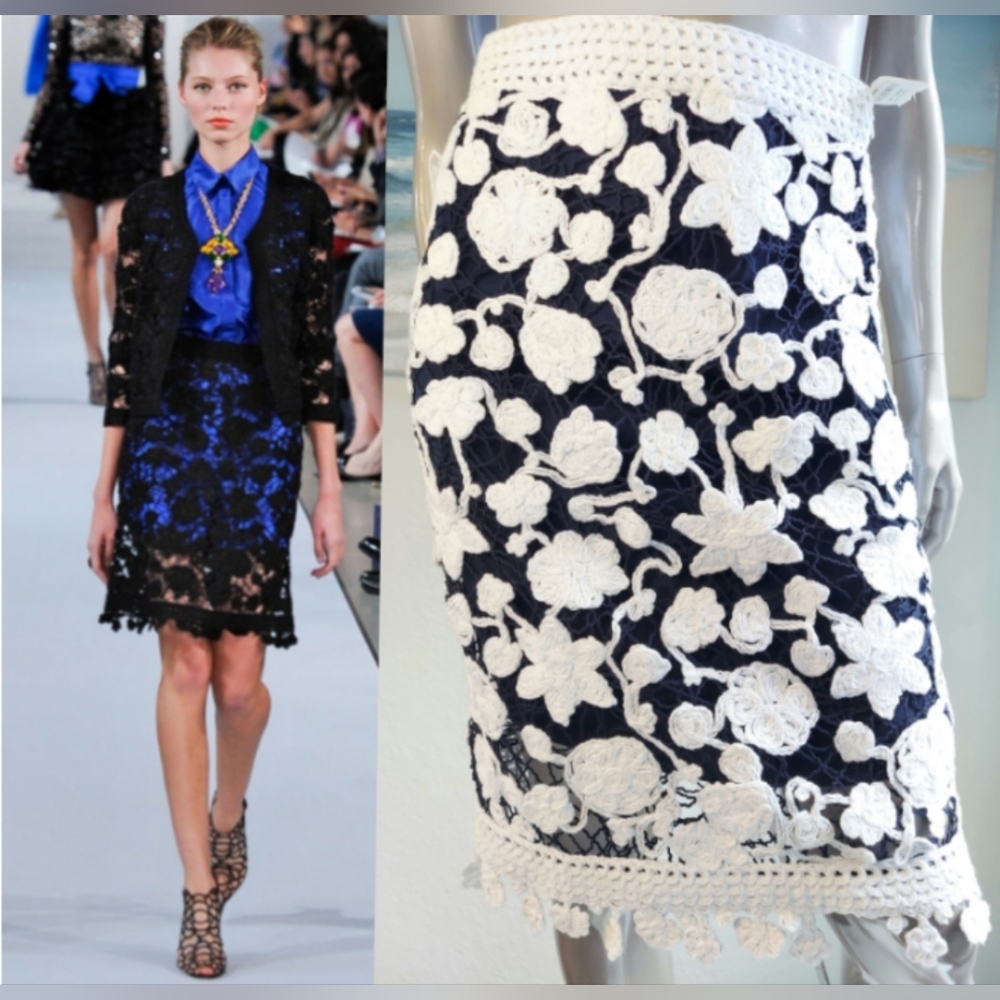 ○$2,490 NEW W. TAG OSCAR DE LA RENTA WHT NAVY FLORAL SKIRT XS